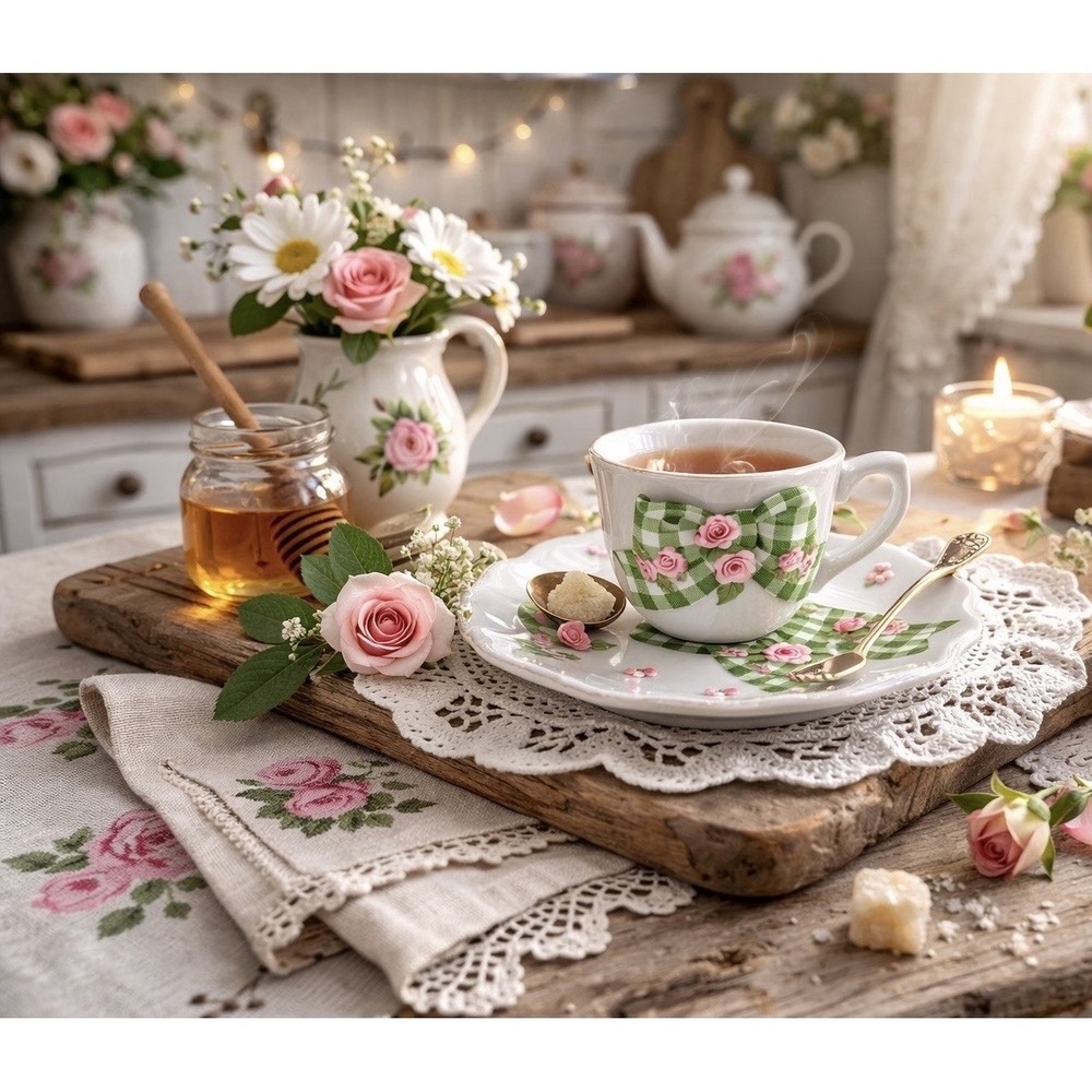 Vintage Mini Tea Cup Saucer Pink Roses Green Gingham Bow Cottagecore Shabby Chic